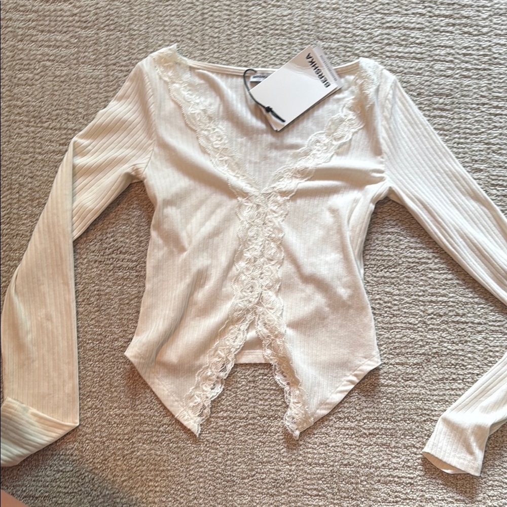 Bershka Cream Asymmetrical Ribbed Long Sleeve Blouse